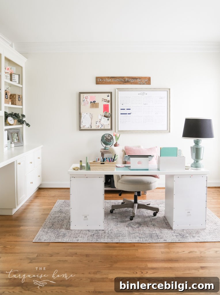Blush and gray rug in office