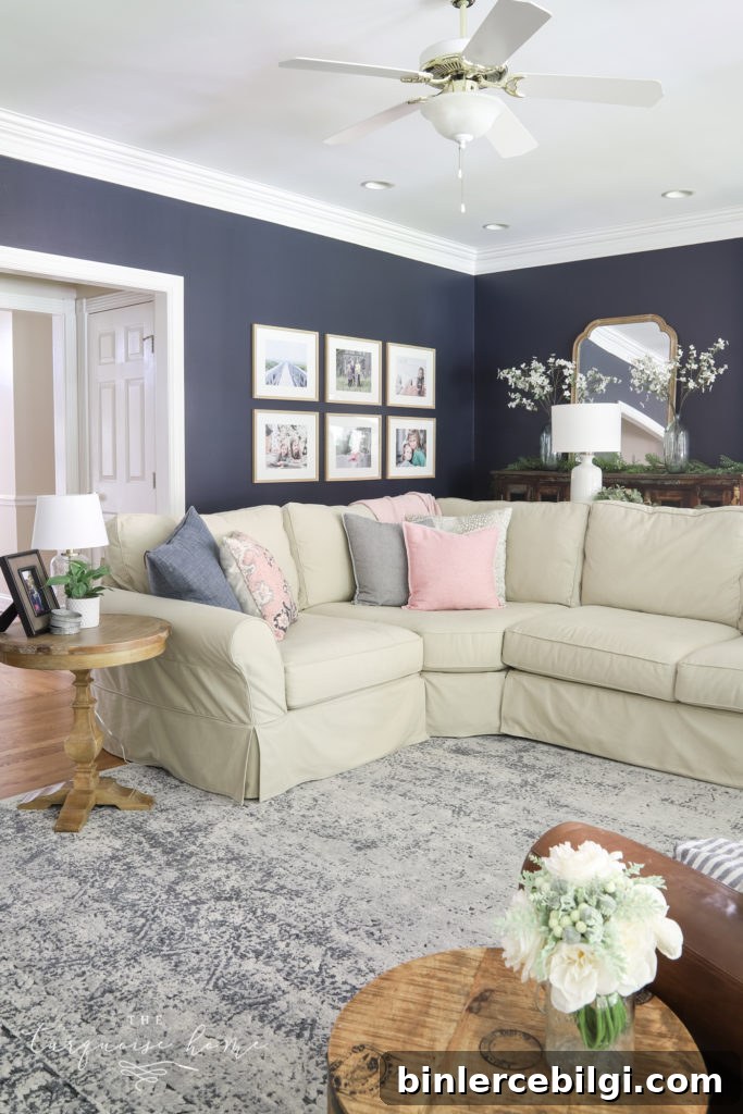 Blue vintage-style rug in the living room