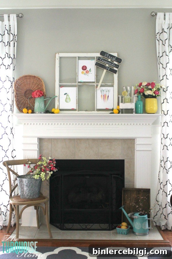 I love these fresh pops of colors and citrus inspiration on this fun summer mantel! A Garden and Lemonade Stand Summer Mantel. Get all the juicy details at TheTurquoiseHome.com