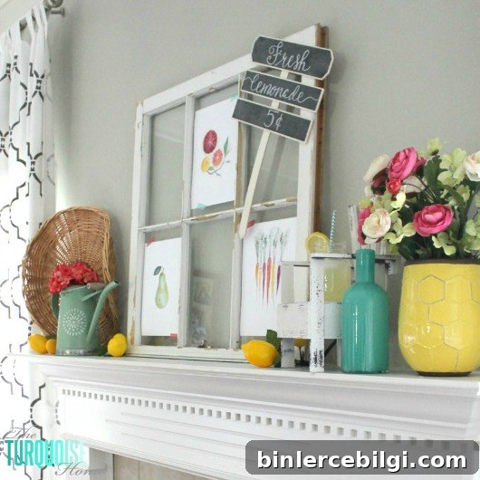 I love these fresh pops of colors and citrus inspiration on this fun summer mantel! A Garden and Lemonade Stand Summer Mantel. Get all the juicy details at TheTurquoiseHome.com