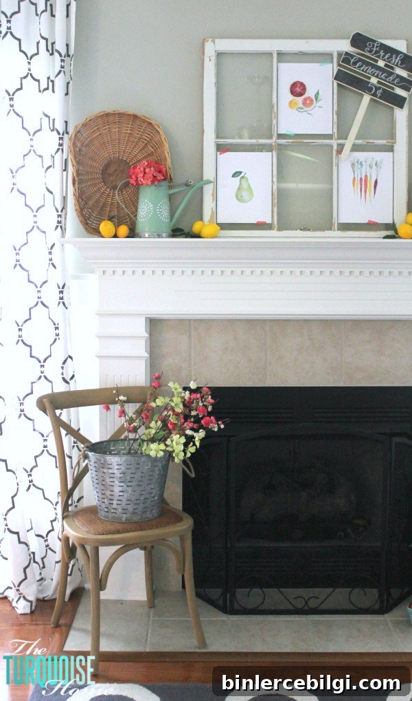 I love these fresh pops of colors and citrus inspiration on this fun summer mantel! A Garden and Lemonade Stand Summer Mantel. Get all the juicy details at TheTurquoiseHome.com