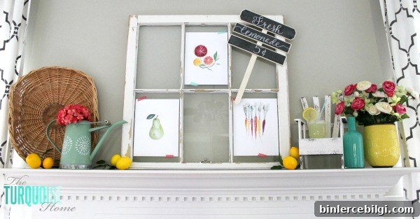I love these fresh pops of colors and citrus inspiration on this fun summer mantel! A Garden and Lemonade Stand Summer Mantel. Get all the juicy details at TheTurquoiseHome.com