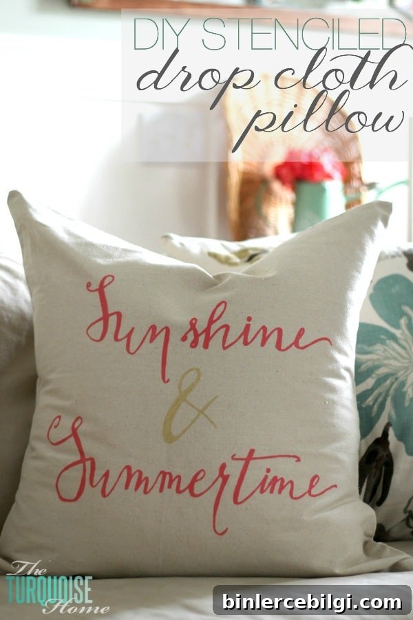 Sunshine and Summertime! It's a pretty, DIY stenciled drop-cloth pillow tutorial at TheTurquoiseHome.com. I love the pretty pink and gold pops of color and the fun hand-lettered stencil!