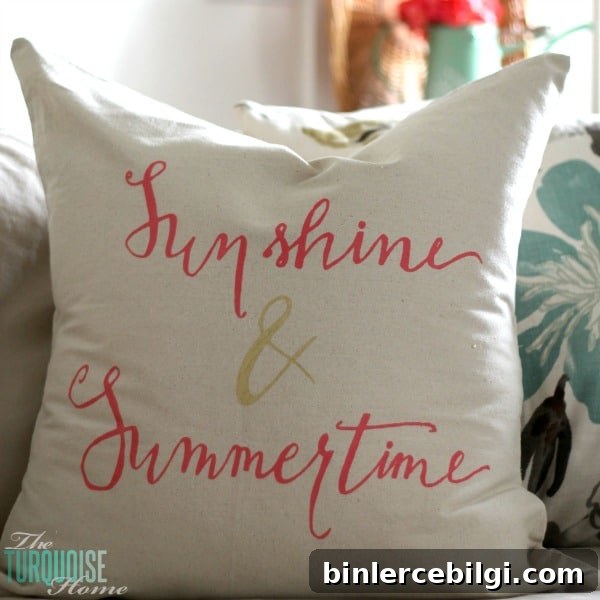Sunshine and Summertime! It's a pretty, DIY stenciled drop-cloth pillow tutorial at TheTurquoiseHome.com. I love the pretty pink and gold pops of color and the fun hand-lettered stencil!