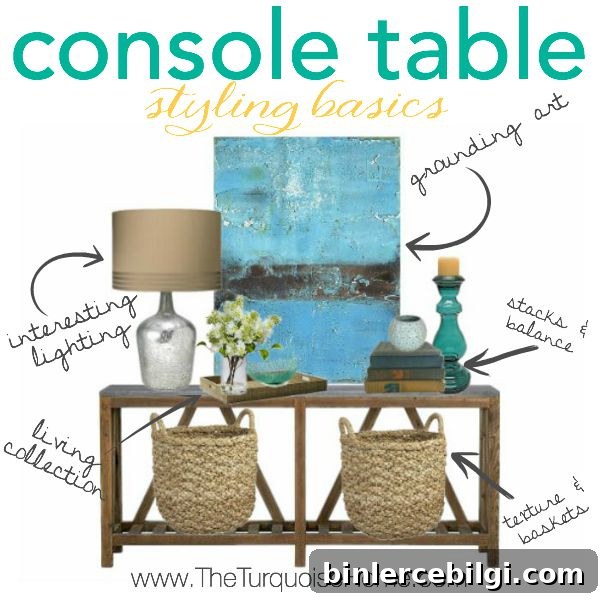 If you know the basics to styling a console table or any vignette, you're house will be looking like it's straight out of a magazine in no time! | Details at TheTurquoiseHome.com