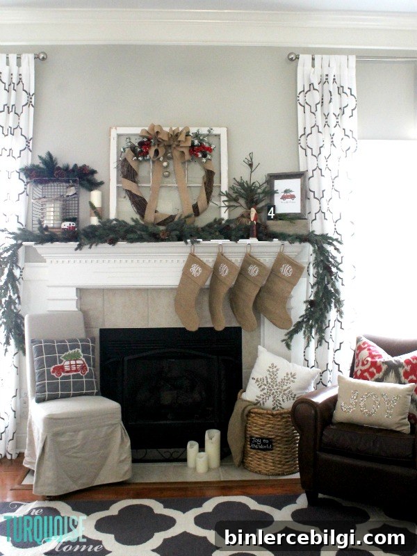 Simple Rustic (and a little glam) Christmas Mantel | TheTurquoiseHome.com