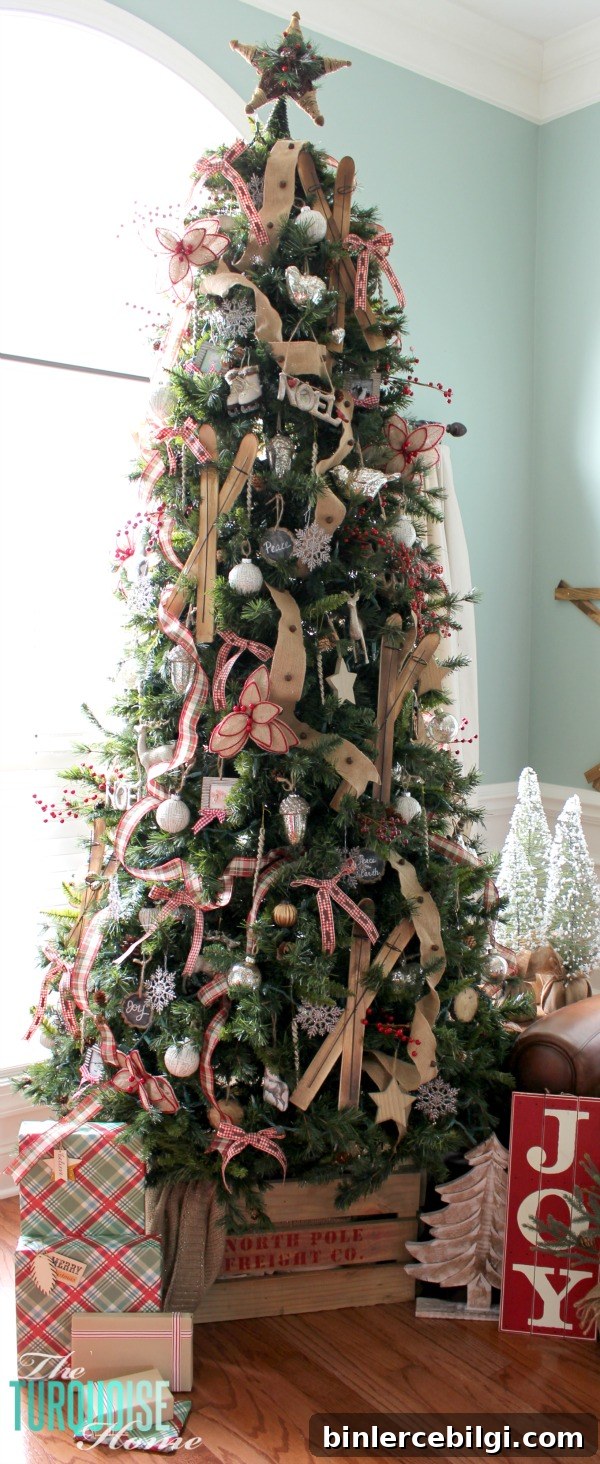 A Country Plaid and Burlap Christmas Tree with burlap, plaid and buffalo check! | All the details at TheTurquoiseHome.com