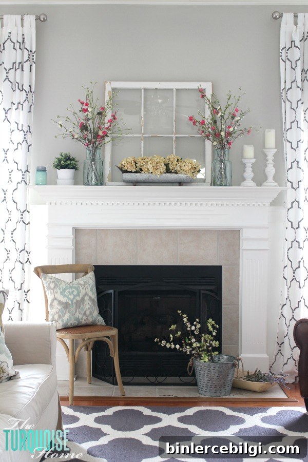 Farmhouse Fresh Spring Mantel | All the details to get this look at TheTurquoiseHome.com