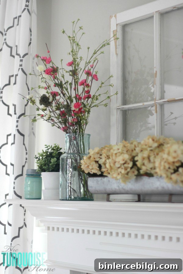 Farmhouse Fresh Spring Mantel | All the details to get this look at TheTurquoiseHome.com