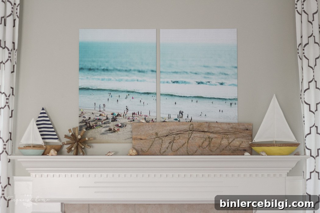 Such cute DIY projects, like the rope sign and the cheap large art! Relaxing at the Beach | Summer Mantel 2016 