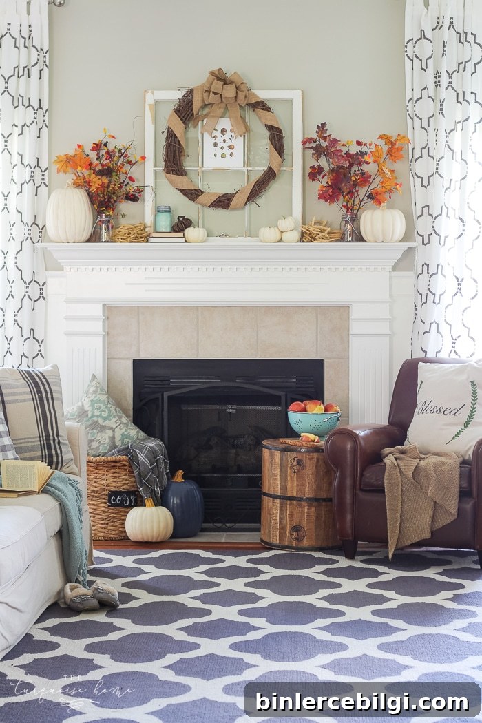 Natural Rustic Fall Mantel Decor 12 Cozy and rustic living room dressed up for fall!