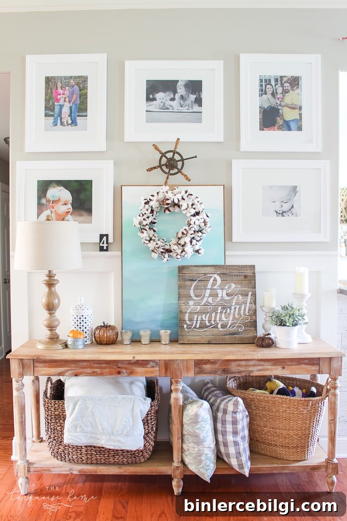 Natural Rustic Fall Mantel Decor 15 A cozy console table and gallery wall decked out for fall in simple, turquoise and wood toned elements
