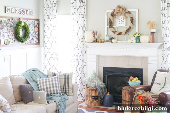 Natural Rustic Fall Mantel Decor 5 Cozy and rustic living room dressed up for fall!
