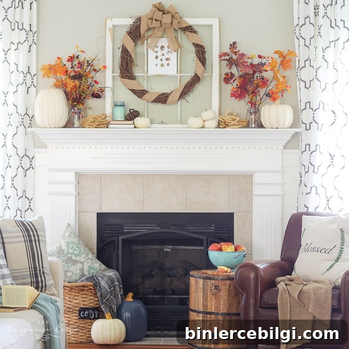 Natural Rustic Fall Mantel Decor 6 Cozy and rustic living room dressed up for fall!