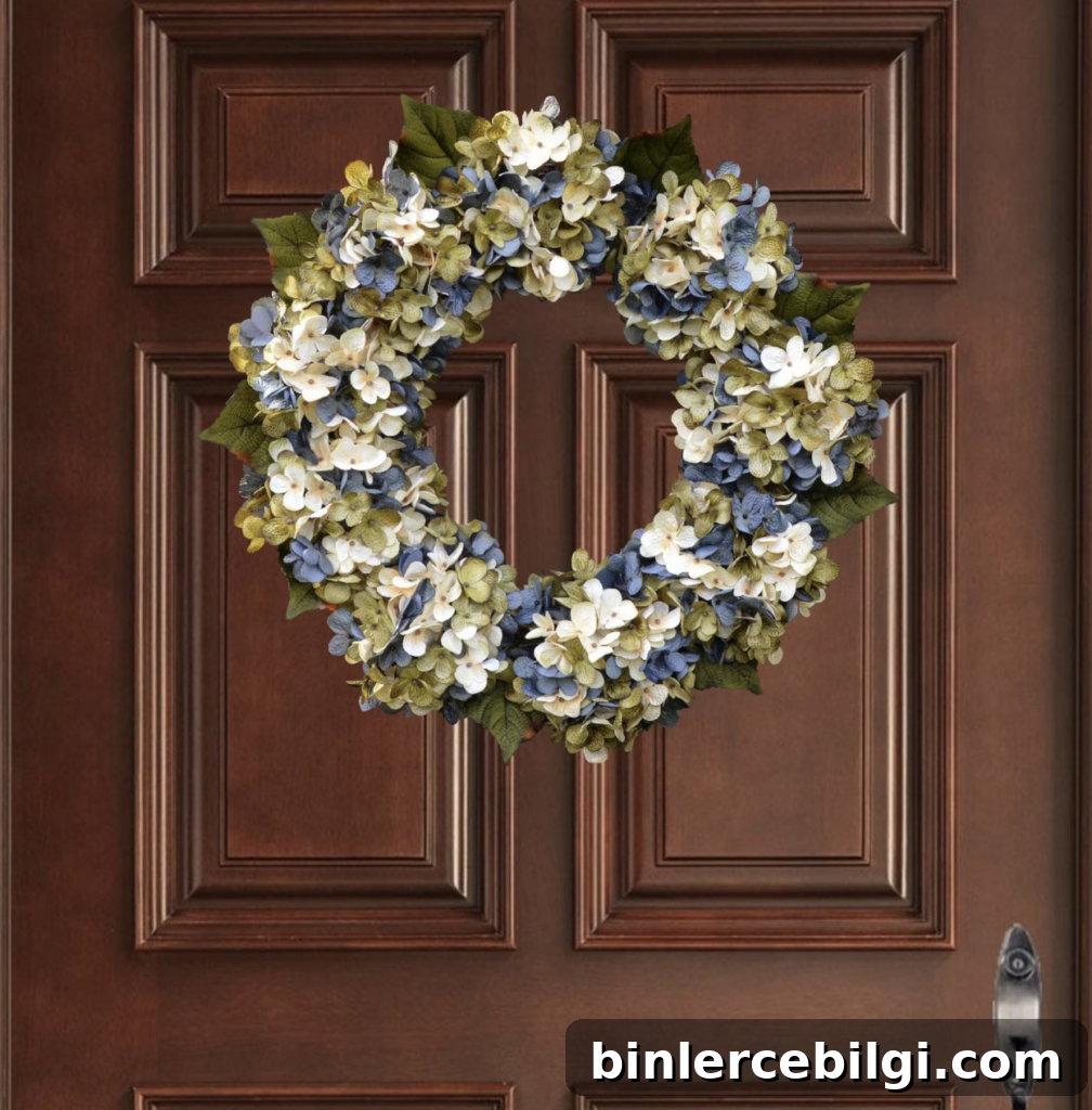 blue, green and white hydrangea wreath