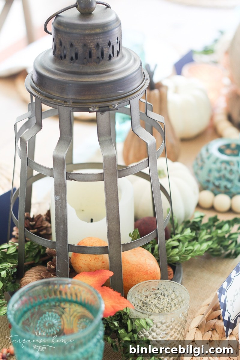Lantern, Candles and Farmgirl Flowers Fall Tablescape