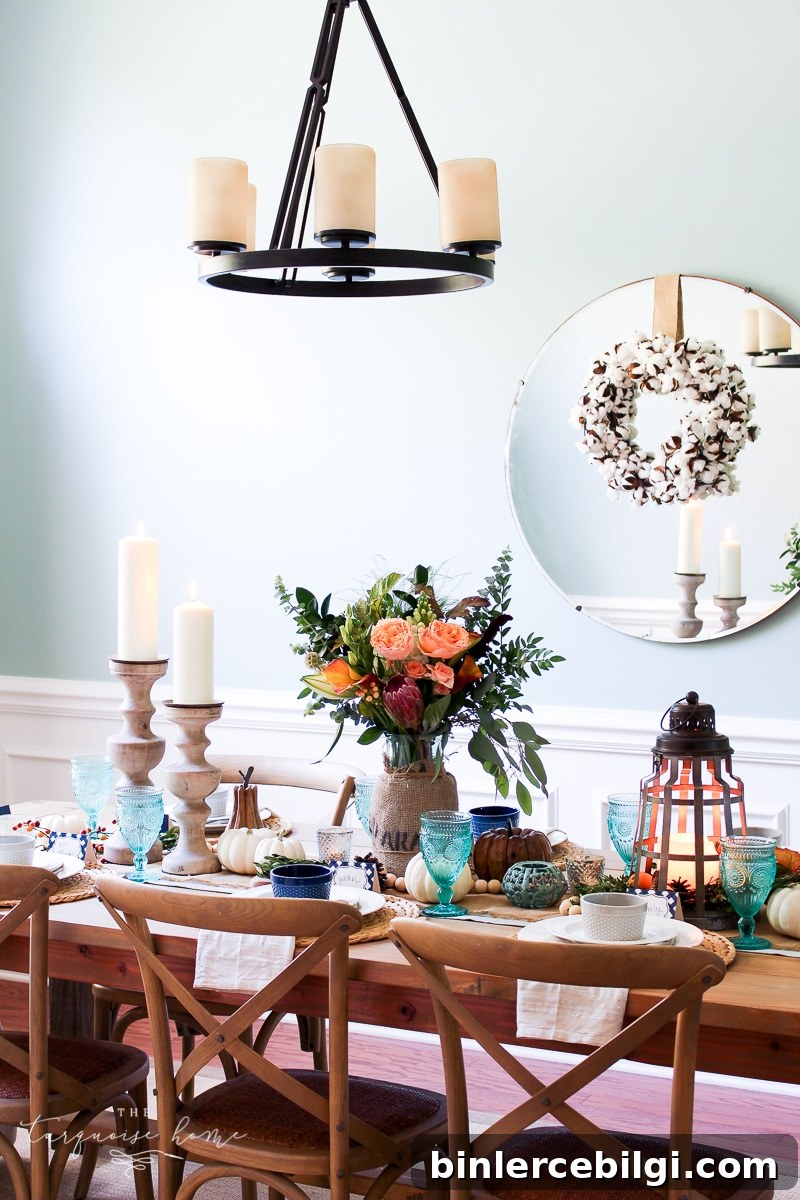 Lantern, Candles and Farmgirl Flowers Fall Tablescape