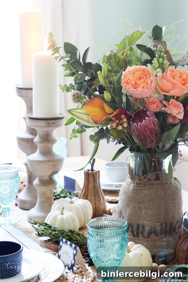 Lantern, Candles and Farmgirl Flowers Fall Tablescape