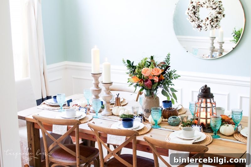 Lantern, Candles and Farmgirl Flowers Fall Tablescape