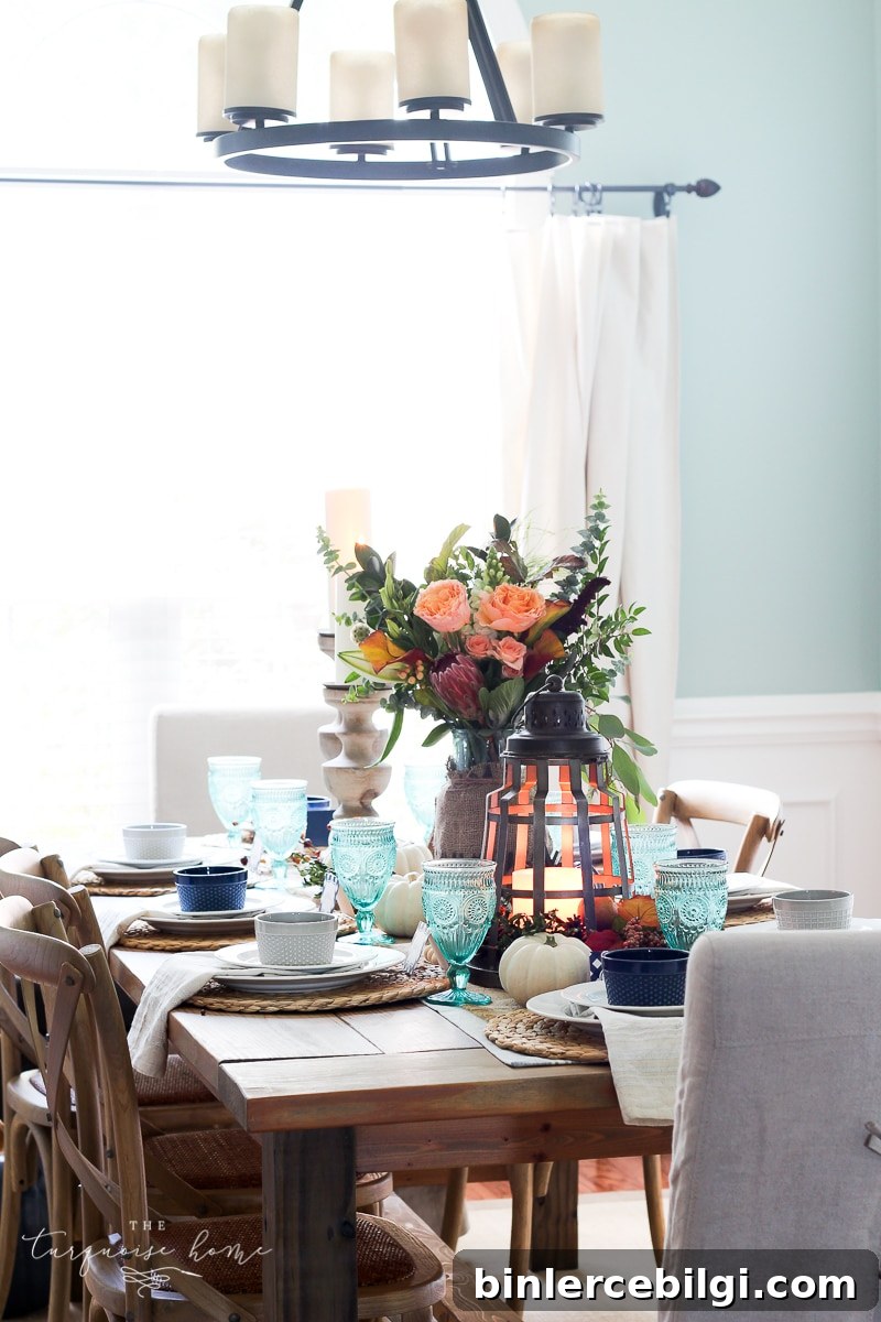 Lantern, Candles and Farmgirl Flowers Fall Tablescape