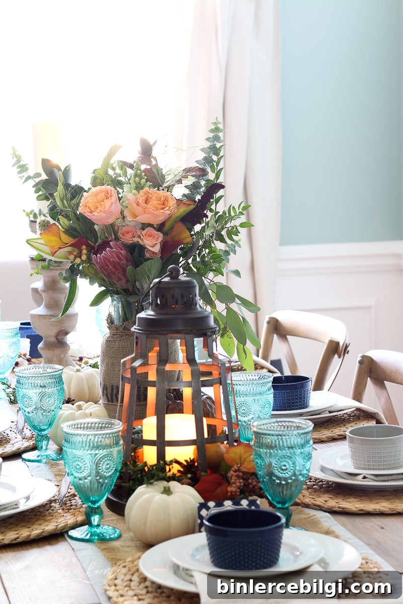 Lantern, Candles and Farmgirl Flowers Fall Tablescape