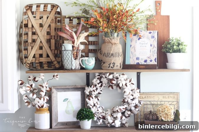 You don't have to have a huge storage room for seasonal decor! Just change out a few pieces here and there!! | How to Decorate Simply For Every Season | Fall Farmhouse Kitchen Shelves