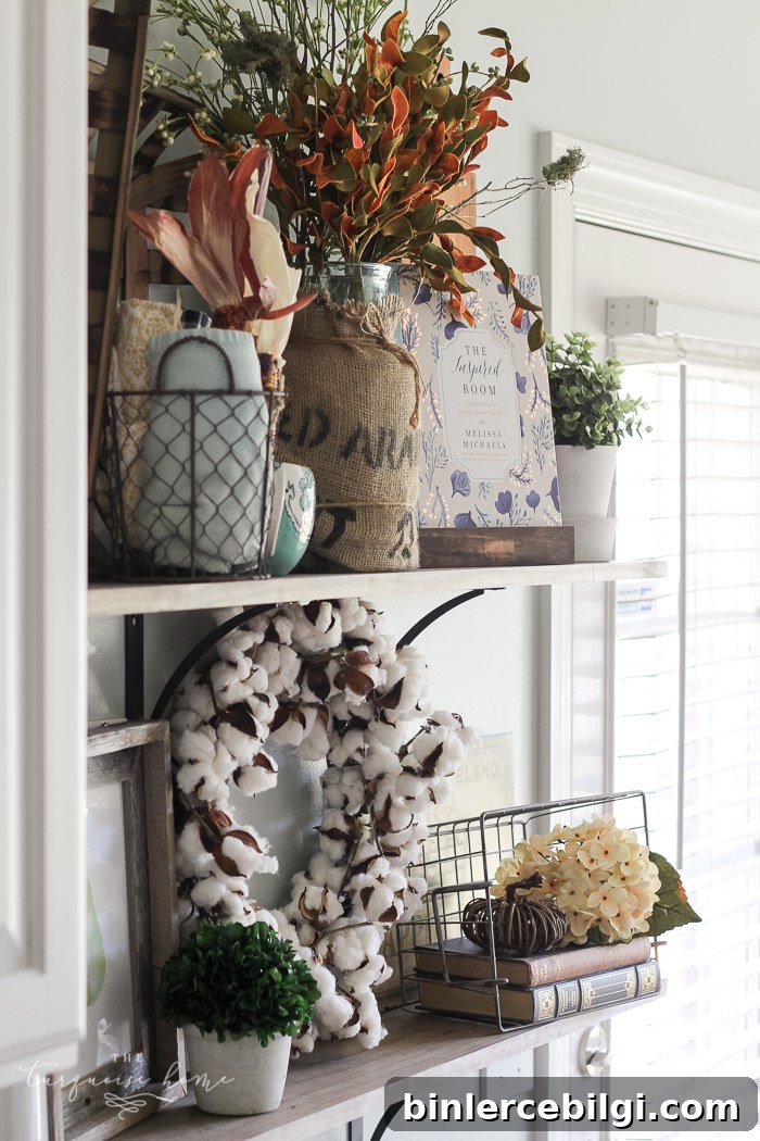 You don't have to have a huge storage room for seasonal decor! Just change out a few pieces here and there!! | How to Decorate Simply For Every Season | Fall Farmhouse Kitchen Shelves