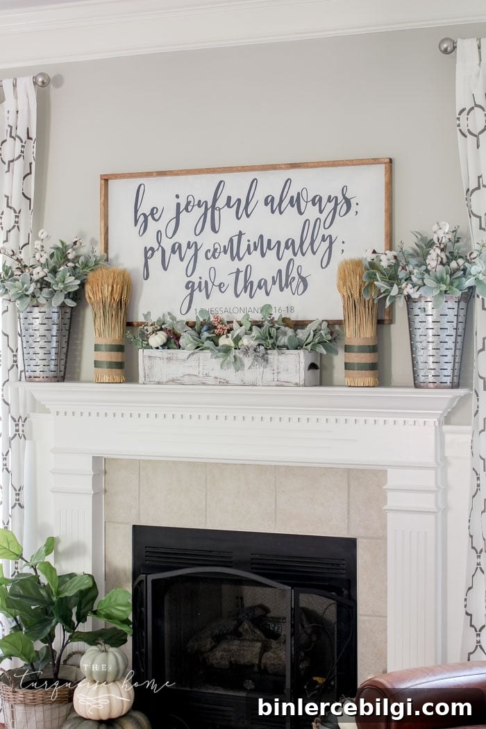 Fall Farmhouse Mantel with Galvanized Metal Olive Buckets