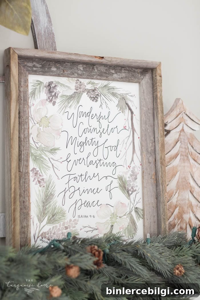 Pretty magnolia wreath Christmas mantel decor brings a rustic feel to the holiday season. Pops of navy and dusty blue are festive, yet unexpected! | Gorgeous Magnolia Wreath Christmas Mantel Decor