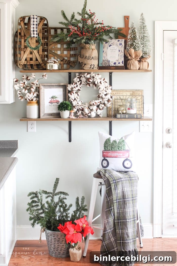 Gorgeous farmhouse shelves all decorated for Christmas and Kitchen Decor with DIY Christmas Kitchen Wreaths!