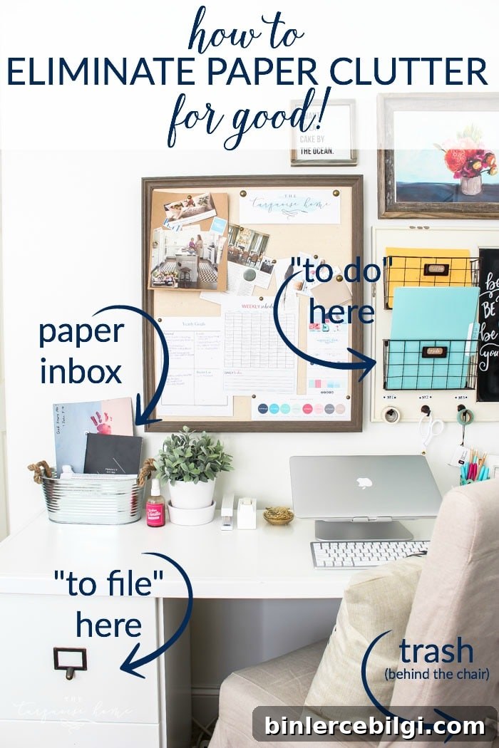 Two Rules to Finally Eliminate Paper Clutter 4 Metal bucket inbox and organized desk setup.