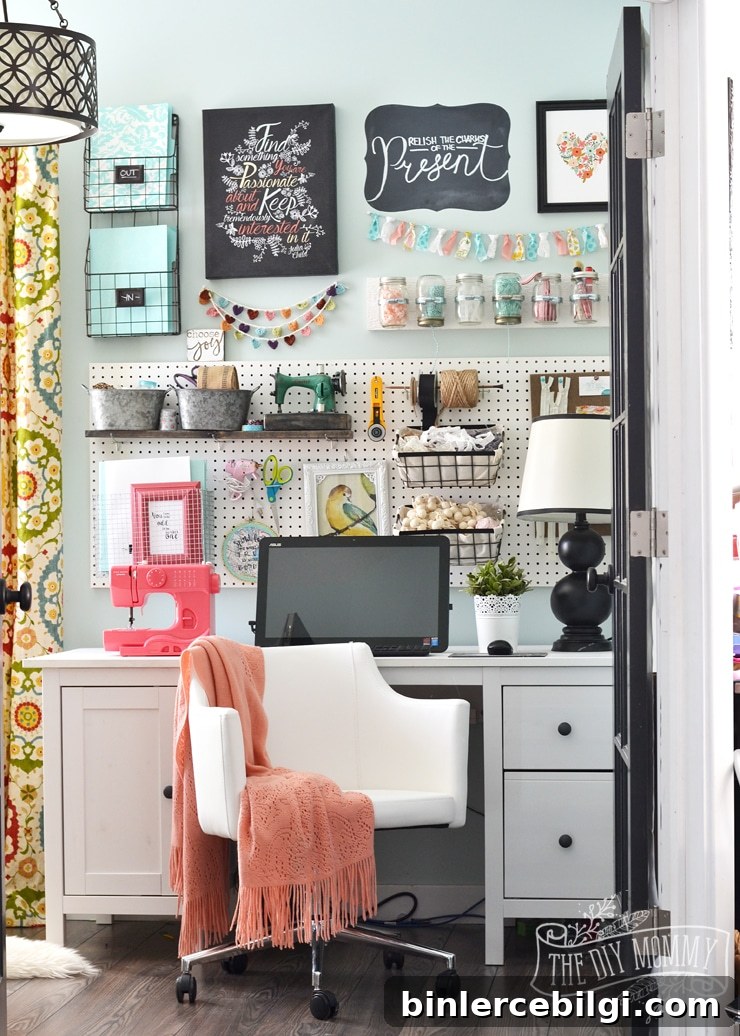 Colorful Boho Craft Room Home Office from The DIY Mommy