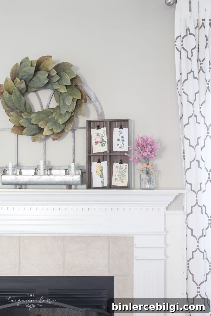 Isn't this just the prettiest pink and turquoise mantel?! Simple Floral Spring Mantel