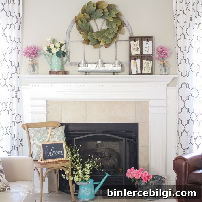 Isn't this just the prettiest pink and turquoise mantel?! Simple Floral Spring Mantel