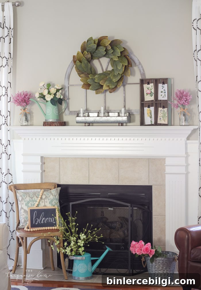 Isn't this just the prettiest pink and turquoise mantel?! Simple Floral Spring Mantel