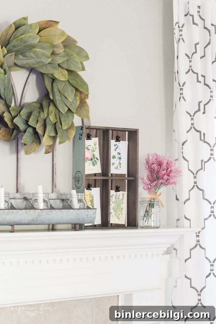 Isn't this just the prettiest pink and turquoise mantel?! Simple Floral Spring Mantel