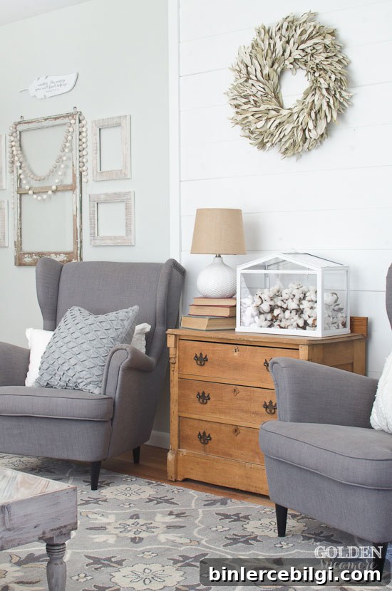 10 Farmhouse Living Room Ideas to Inspire Your Space 3 A Rustic, Neutral Living Room from Golden Sycamore | 10 Stunning Farmhouse Living Rooms
