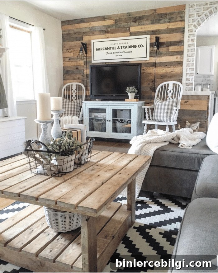 10 Farmhouse Living Room Ideas to Inspire Your Space 4 A Natural Wood Farmhouse Living Room from The Rustic Pallet | 10 Stunning Farmhouse Living Rooms