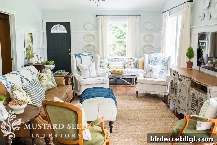 10 Farmhouse Living Room Ideas to Inspire Your Space 8 A Simple Blue & Green Living Room from Miss Mustard Seed | 10 Stunning Farmhouse Living Rooms