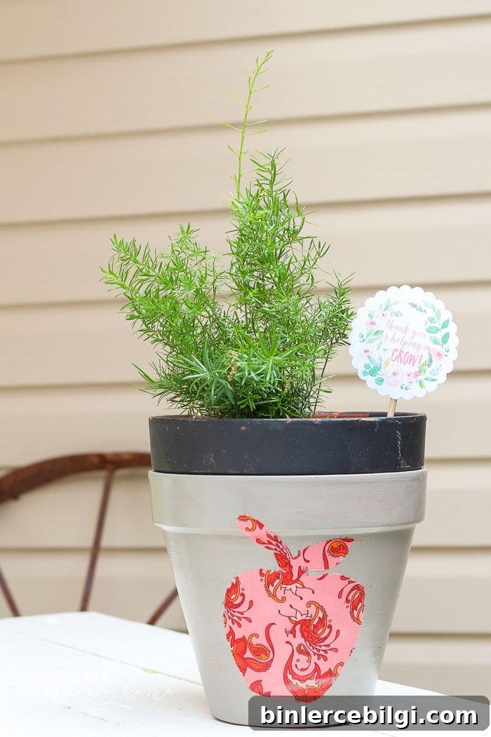 Love this! So simple and easy!! This DIY planter with a silhouette apple is just one of the teacher gift ideas for Teacher Appreciation and Mother's Day with free printable.