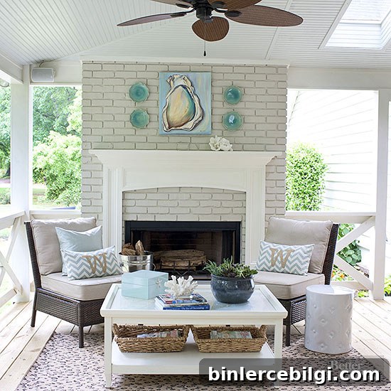 Inspiring Front Porch Decor Ideas to Boost Curb Appeal 8 Outdoor fireplace on porch with coastal decor