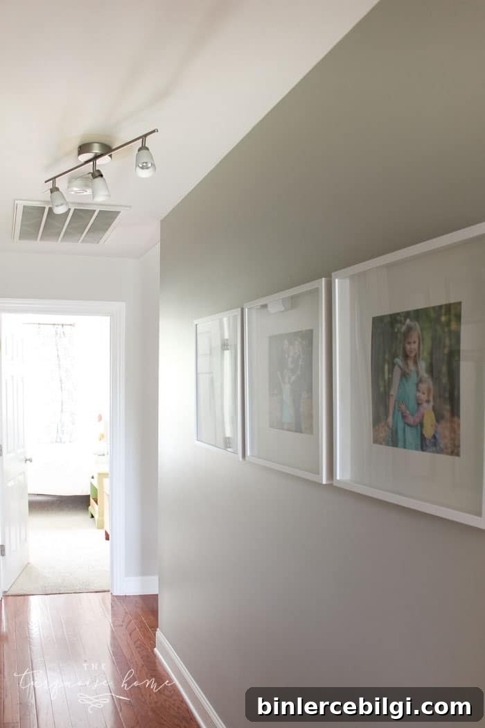 Track light and frames in hallway