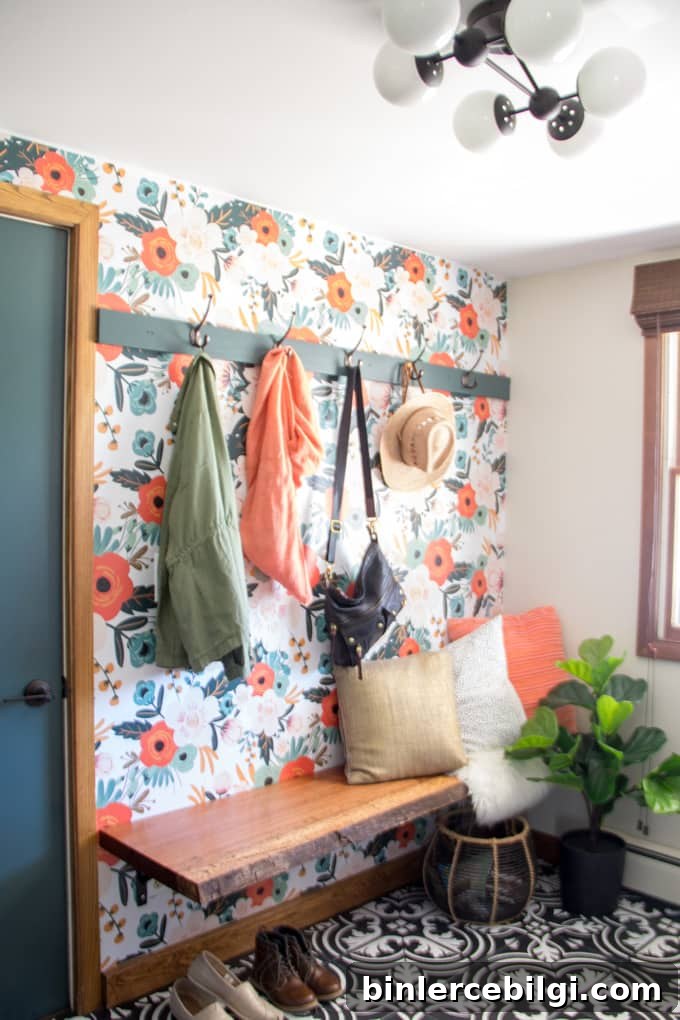 Modern Mudroom with Wallpaper