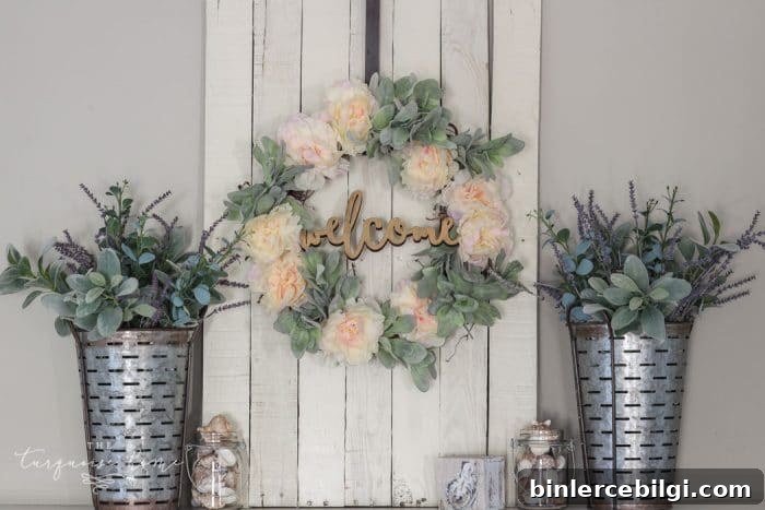 A Lamb's Ear Wreath with peonies and a welcome sign! Perfect for any farmhouse decor!