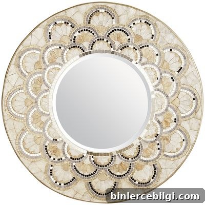 10 Large Round Mirrors That Transform Any Room 4 Capiz and Mirrored Tile Mirror from Pier 1 | This was the only mirror that's not wood, but I couldn't pass it up! Such a show stopper!! | 10 Large Round Mirrors We Love