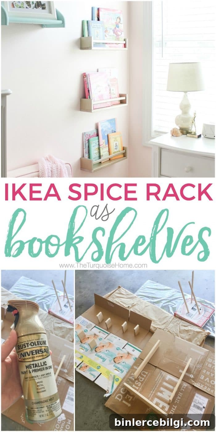 These Ikea Spice Racks make awesome bookshelves for less than $5! Click to get the full tutorial.