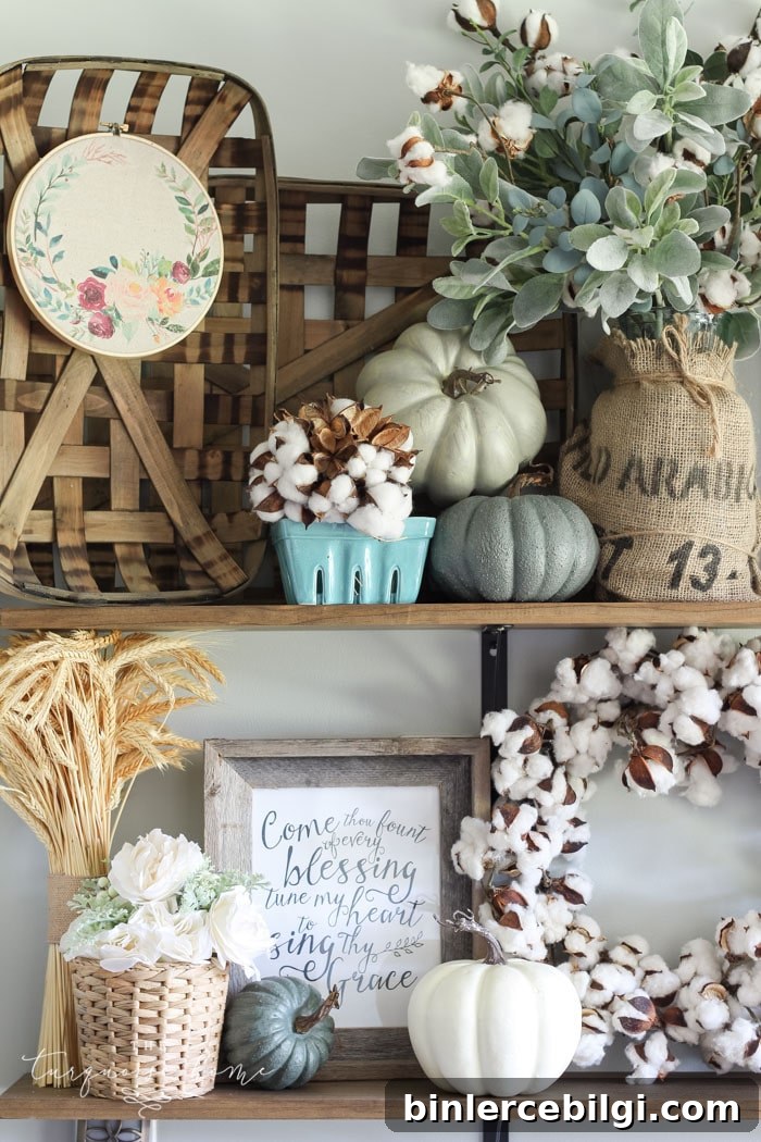 LOVE that embroidery hoop art! Adorable Fall farmhouse shelves in the kitchen ...