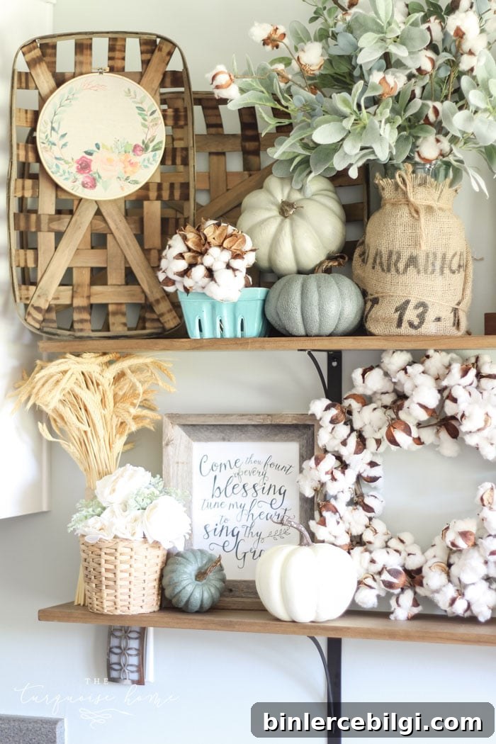 LOVE that embroidery hoop art! Adorable Fall farmhouse shelves in the kitchen ... 