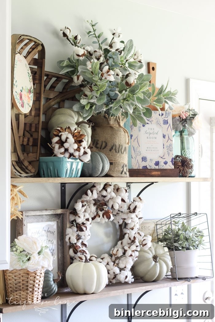 Love this!! Neutral farmhouse fall kitchen shelves ...