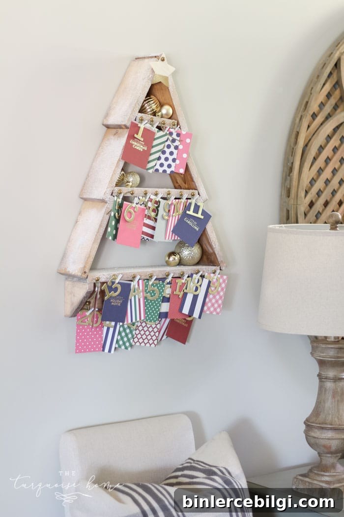 The most adorable DIY snowy Christmas Tree Shelf lends itself to the perfect spot for an advent calendar. LOVE it!!